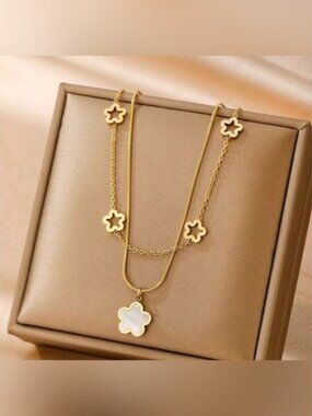 Gold Plated Stainless Steel 1pc Flower Pendant Layered Necklace